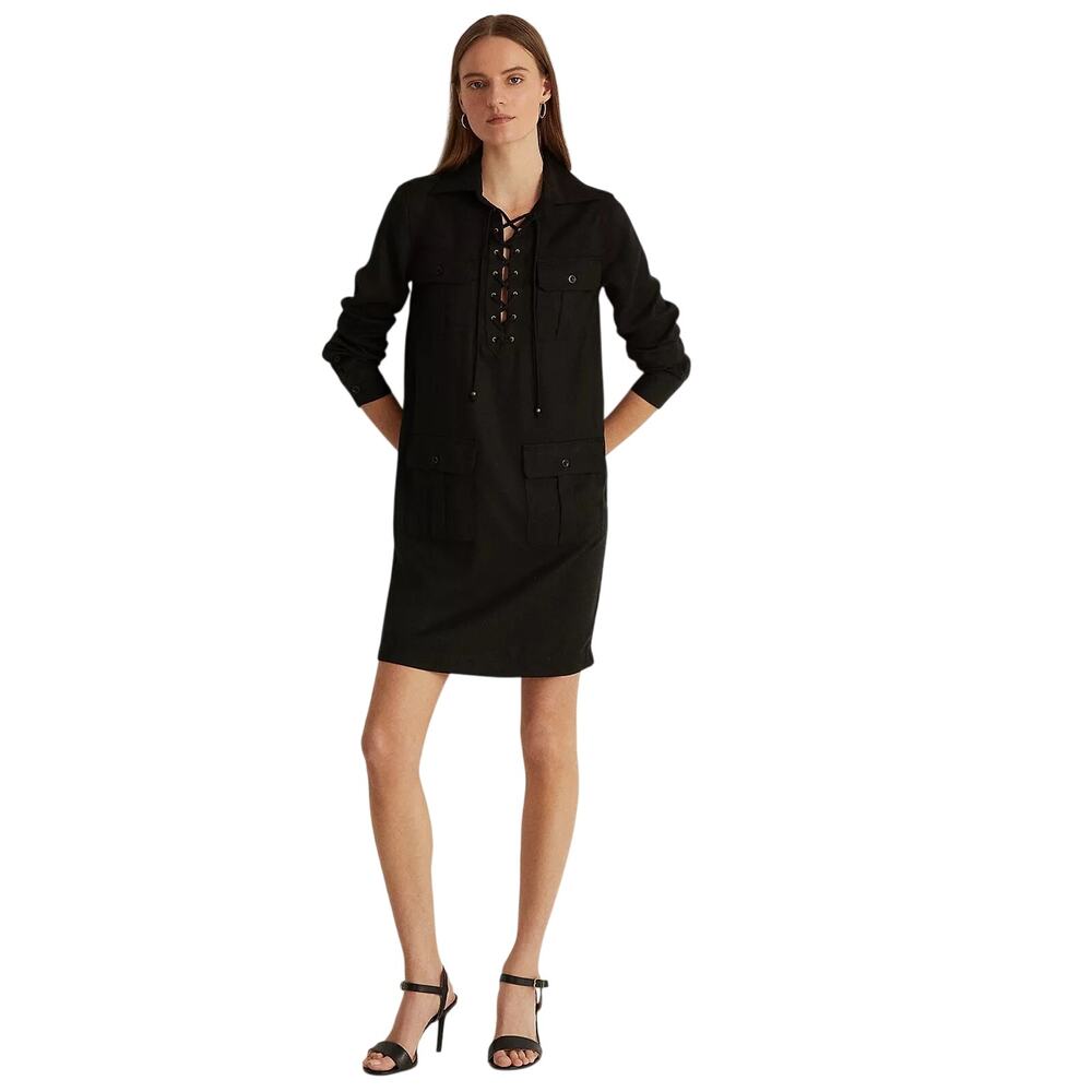 Lauren Ralph Lauren Women Black Lyocell Twill Lace-Up Placket Dress Size 4 - Picture 2 of 10